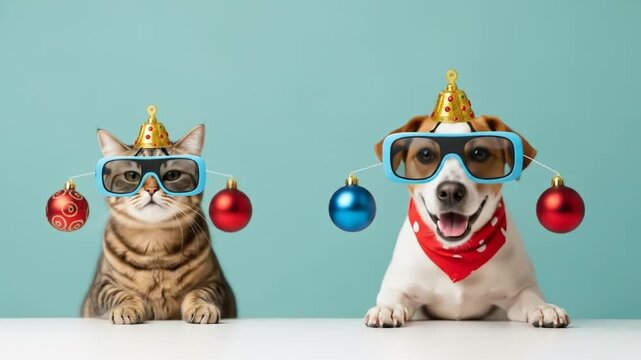 Festive Friends: A Playful Holiday Celebration with a Cat and Dog Sporting Party Hats and Ornament-Adorned Glasses in a Cheerful Studio Setting