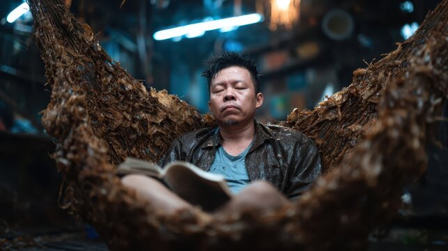 A serene image of a man reading a book in a hammock amidst a chaotic environment, showcasing a moment of calm and introspection in the midst of life's disorder.