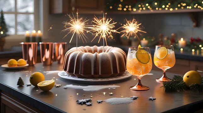Christmas Day festive homemade bundt cake with sparklers and winter ice refreshing citrus cocktails in copper goblets on kitchen counter.
