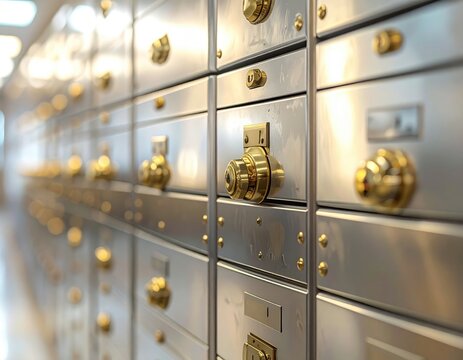 Safe deposit boxes with gold knobs and metallic fronts