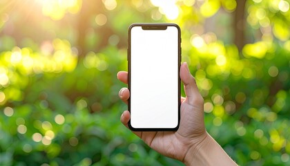 屋外でスマホを持つ自然光手元モックアップ画像