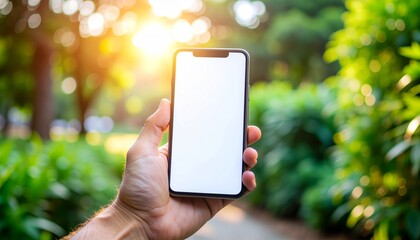 屋外でスマホを持つ自然光手元モックアップ画像