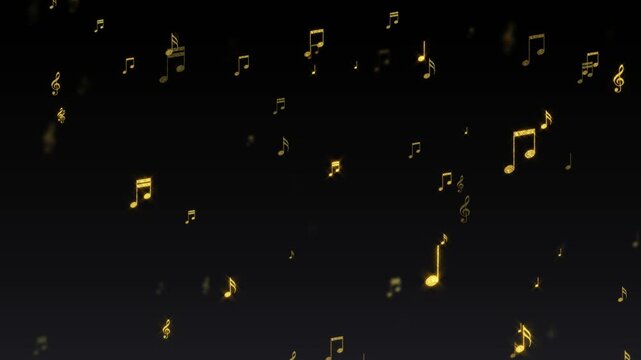 musical notes flying shiny gold on black animation, blur gold notas music and song play social media motion background	