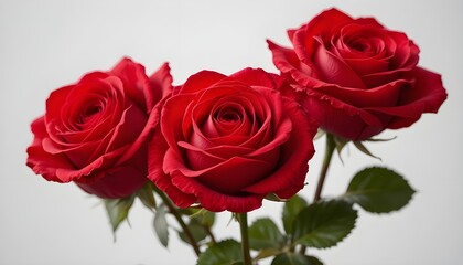 Naklejka premium “Elegant Trio of Vibrant Red Roses in Full Bloom Showcasing Natural Beauty, Romance, and Freshness with Lush Green Leaves Against a Soft, Minimalist Background – A Symbol of Love and Passion”