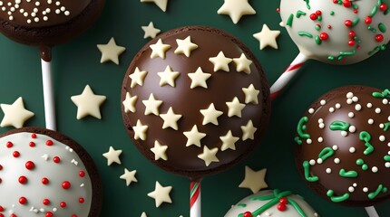 Marry Christmas sweet cake pops. Christmas dessert round brownie cake pops with stars topping on dark green background.