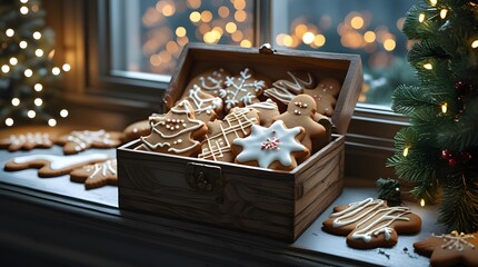 Assortment of gingerbread cookies with icing in a vintage wooden box on a window sill with atmospheric lights