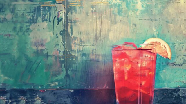 A tall glass of refreshing beverage placed on a rustic background. The drink has a slice of lemon and is filled with ice, indicating its cool and zesty taste.