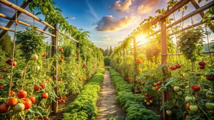 Golden Hour Abundance A Vibrant Pathway Through Rows of Ripe Tomatoes Growing on Wooden Trellises in a Lush Garden at Sunset