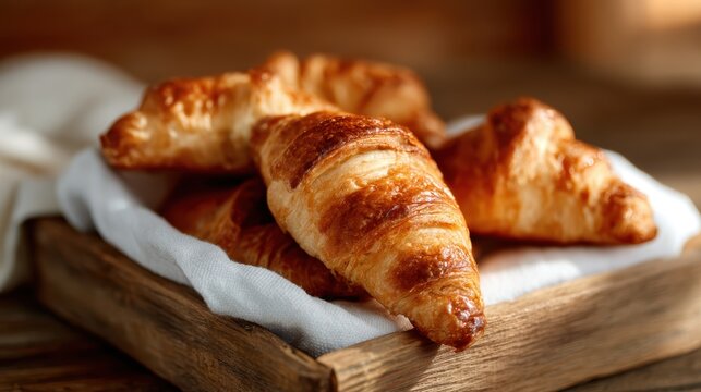 A wooden tray showcases freshly baked golden croissants, capturing the inviting warmth and delicious appeal of baked goods in a rustic kitchen setting.