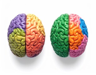 Two brain models with colorful sections, top view