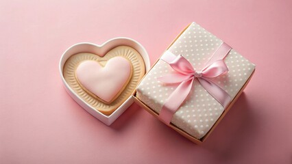 A heart-shaped cookie in a delicate white container alongside a charming gift box tied with a pink ribbon, perfect for a romantic occasion