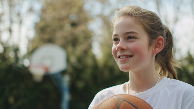 Smiling teenage girl holding a basketball outdoors with basketball hoop. Concept for sport promotion, active lifestyle and youth development