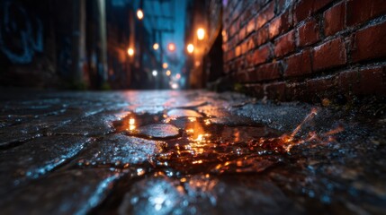 An artistic low-angle view of a wet city street after rainfall, highlighting reflective puddles and softly glowing streetlights, evoking a moody and atmospheric urban evening scene.