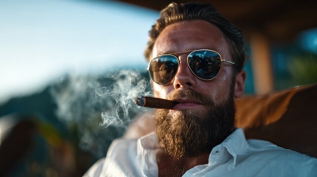 A man with a beard wearing sunglasses enjoys a cigar, exuding a sense of relaxation and sophistication as he embraces a leisurely moment in a stylish outdoor space.