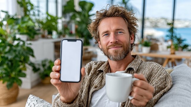 A happy man with a well-groomed beard holds a smartphone in one hand and a cup of coffee in the other, radiating a positive and relaxed vibe in a bright, green environment.