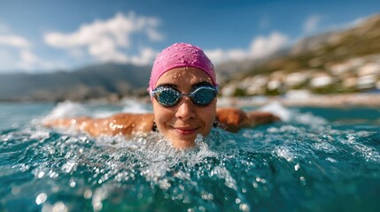A swimmer with goggles smiles as she glides through sparkling blue water, showcasing joy, athleticism, and the refreshing essence of summer activities.