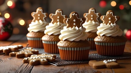 Moist and freshly baked gingerbread cupcakes with swirls of creamy white cream cheese frosting, topped with crunchy gingerbread cookies cut into festive holiday shapes