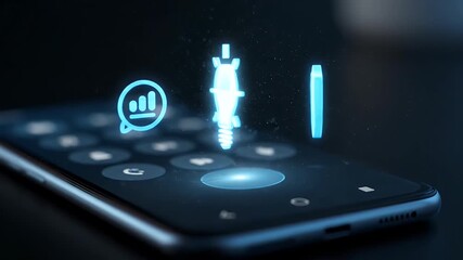 Seamless Loop 3D Animation: Holographic lightbulb, security shield, and chart icons appearing over a smartphone screen on a dark surface, symbolizing digital innovation and protection.