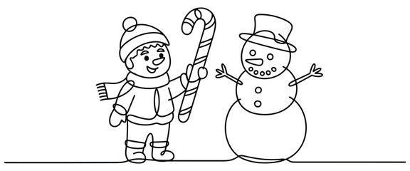 Joyful winter line illustration of child showing a candy cane to a friendly snowman
