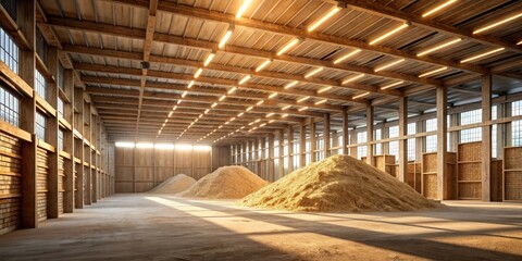 Spacious Industrial Warehouse Filled with Piles of Raw Material, Bathed in Warm Sunlight
