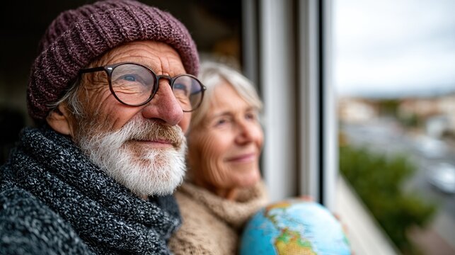 An elderly couple gazes out of the window, reflecting on their journey together while holding a globe, symbolizing love, togetherness, and the beauty of shared experiences.