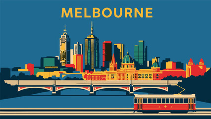 Melbourne city skyline travel poster illustration with iconic buildings and a tram, perfect for travel or city guides