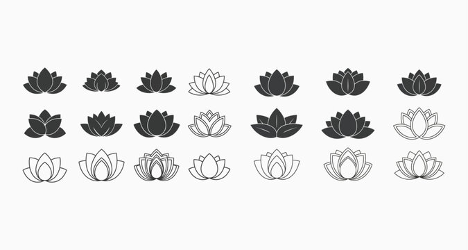 Collection of lotus flower illustrations in different styles and stages of bloom