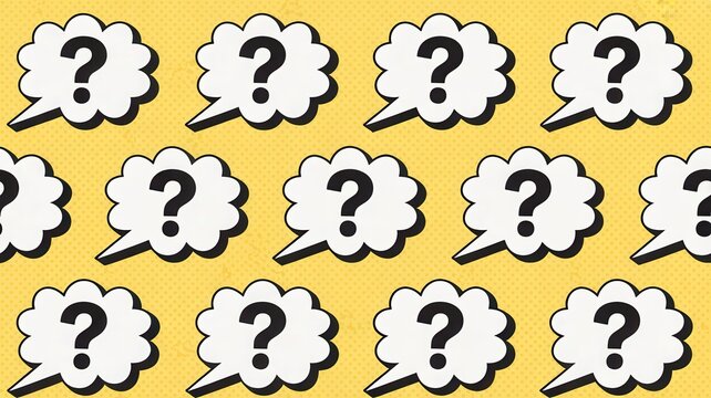 Many speech bubbles filled with question marks on a yellow background representing confusion or unknown answers