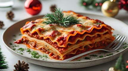 Piece of tasty hot lasagna on christmas background. 