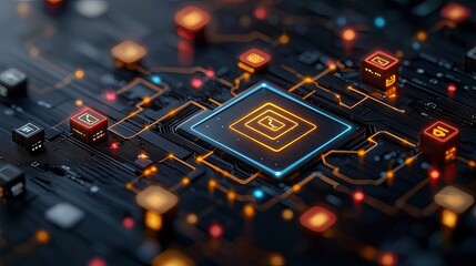 Close-up of a futuristic circuit board with glowing orange and blue elements. The image represents modern technology and data processing.