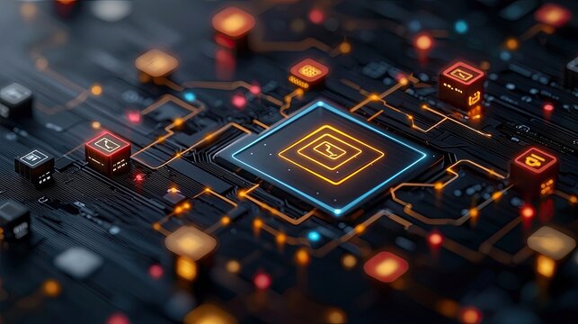 Close-up of a futuristic circuit board with glowing orange and blue elements. The image represents modern technology and data processing.