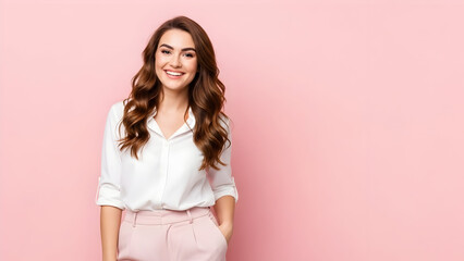 Fototapeta premium Confident Smiling Young Woman in White Shirt and Pink Pants, Hand in Pocket, Pastel Pink Background, Studio Portrait