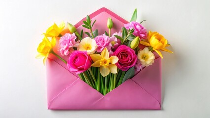 A vibrant bouquet of spring blossoms nestled within a delicate pink envelope, a delightful floral arrangement for a heartfelt message