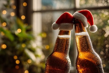 Two beer bottles wearing Christmas hats, covered in condensation drops on festive background. Concept for holiday celebration, seasonal greetings and party invitation