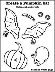 Create a pumpkin bat, cut and paste, craft and coloring activity for kids, preschool, kindergarten and homeschool , fit for 8.5”x11” size