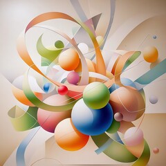 An abstract artwork featuring a dynamic arrangement of colorful spheres, ribbons, and geometric shapes, creating a modern and visually appealing composition.