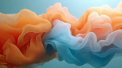 An abstract image featuring colorful fluid forms in orange, blue, and white, flowing against a gradient background.