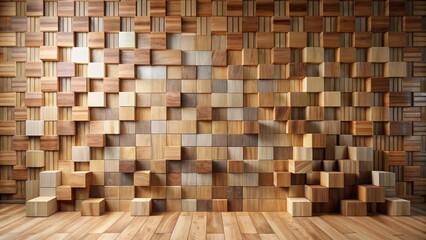 Architectural Wooden Cube Wall Design Featuring Varied Grain Textures and Natural Wood Tones in a Room Setting