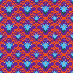 Vibrant Psychedelic Floral Damask Seamless Pattern with Blue Lilies on Neon Purple and Orange Background, Modern Bohemian Art Deco Vector Wallpaper