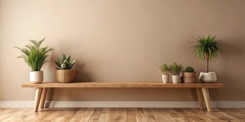 Wooden bench with potted plants against a neutral wall in a minimalist interior design setting.