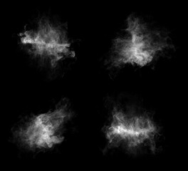 set swirling movement of white smoke group, abstract line, Isolated on a black background. rise smoke, cold steam on dark, smog for food