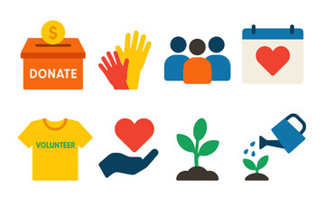 Community support and charity icons for volunteer initiatives and environmental awareness