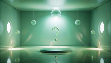 Intriguing Enigma A Serene Green Room with a Question Mark and Floating Globes on a Pedestal