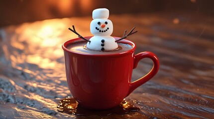 A bright red ceramic mug filled with rich, creamy hot chocolate, topped with a melted marshmallow snowman