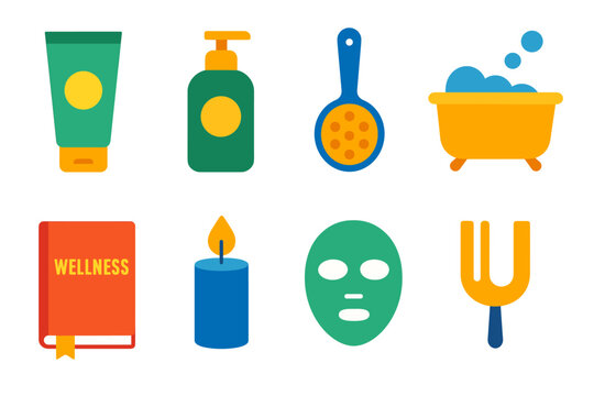 Relaxation and self care icons featuring bath, skincare, and wellness elements for design use