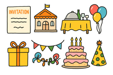 Obraz premium Birthday celebration elements with cake, balloons, and party decorations