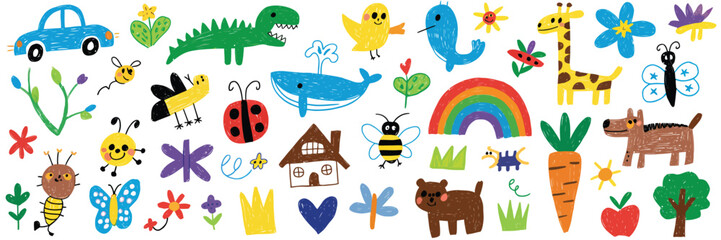 Obraz premium Kids drawing set, hand drawn doodle vector illustration collection, colorful childrens scribbles including dinosaurs, cars, sun, animals, and flowers, realistic pencil texture, ideal for educational, 