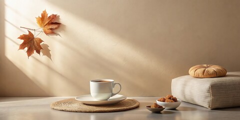 Autumnal Still Life Warm Beverage, Treats, and Dried Leaves in Soft Sunlight