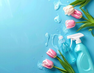 Tulips, spray, & foam on blue backdrop, copy space