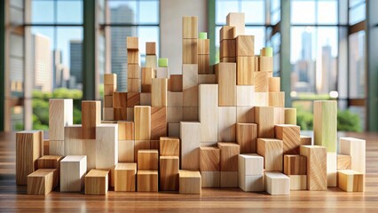 Abstract Wooden Block Construction Representing Growth and Development in a Modern Office Setting
